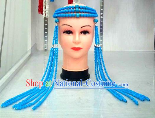 Traditional Handmade Chinese Mongol Nationality Handmade Blue Beads Tassel Hair Accessories, China Mongols Mongolian Minority Nationality Wedding Headwear for Women