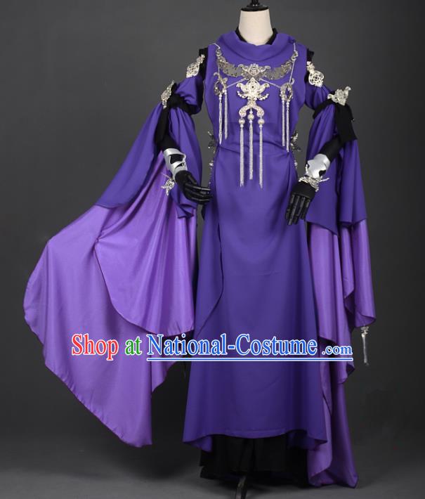 Chinese Ancient Cosplay Han Dynasty Chivalrous Woman Costumes, Chinese Traditional Purple Dress Clothing Chinese Cosplay Swordsman Costume for Women