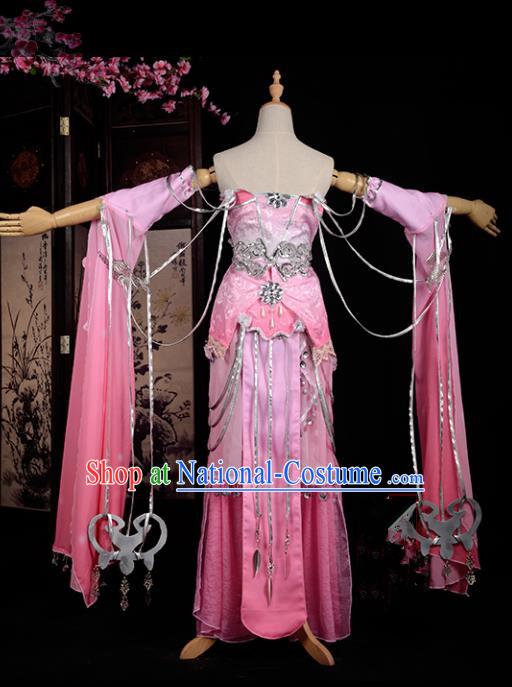 Chinese Ancient Cosplay Han Dynasty Young Lady Water Sleeve Costumes, Chinese Traditional Pink Dress Clothing Chinese Cosplay Swordsman Costume for Women