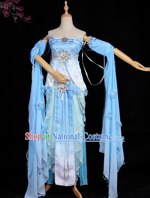 Chinese Ancient Cosplay Han Dynasty Young Lady Water Sleeve Costumes, Chinese Traditional Blue Dress Clothing Chinese Cosplay Swordsman Costume for Women