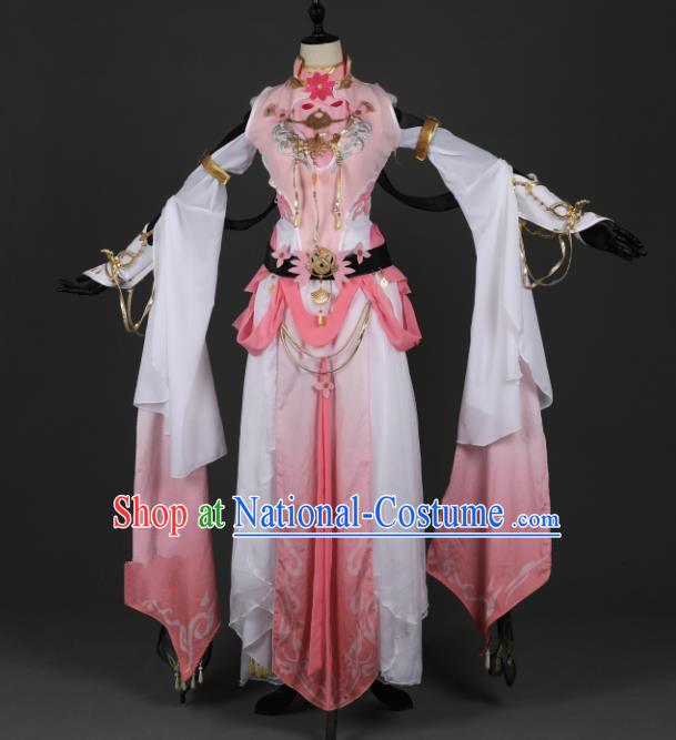 Chinese Ancient Cosplay Tang Dynasty Chivalrous Lady Dance Costumes, Chinese Traditional Pink Hanfu Dress Clothing Chinese Cosplay Swordswoman Costume for Women