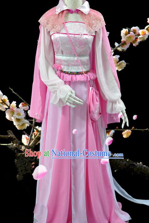 Chinese Ancient Cosplay Swordswoman Pink Costumes, Chinese Traditional Dress Clothing Chinese Cosplay Princess Costume for Women