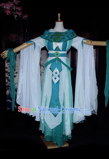 Chinese Ancient Cosplay Tang Dynasty Chivalrous Lady Clothing, Chinese Traditional Green Hanfu Dress Chinese Cosplay Swordswoman Costume for Women