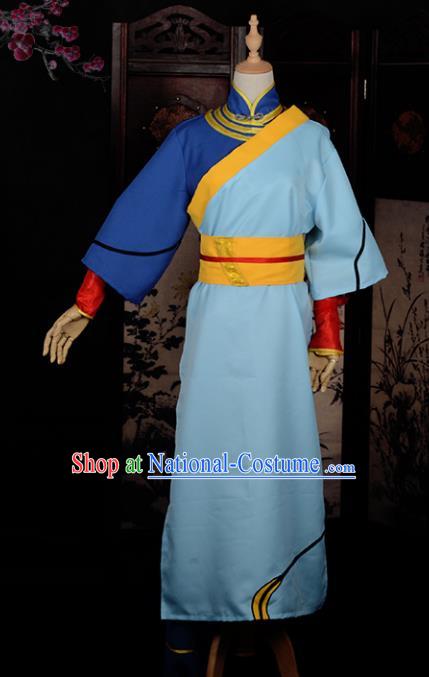 Chinese Ancient Cosplay Tang Dynasty Swordsman Costumes, Chinese Traditional Blue Clothing Chinese Cosplay Knight Costume for Men