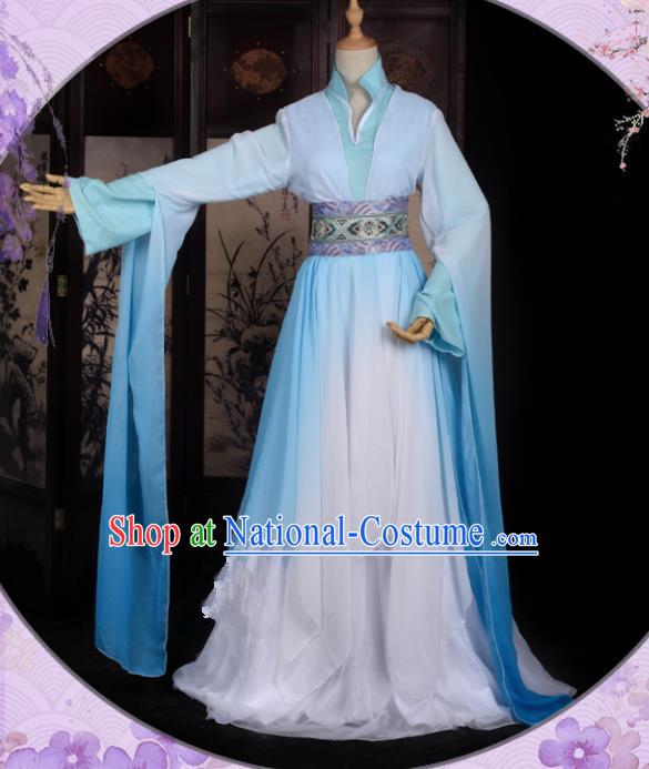 Chinese Ancient Cosplay Han Dynasty Fairy Costumes, Chinese Traditional Blue Hanfu Dress Clothing Chinese Cosplay Princess Costume for Women