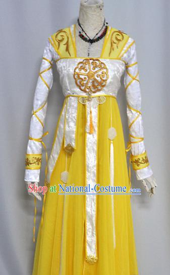 Chinese Ancient Cosplay Han Dynasty Princess Costumes, Chinese Traditional Yellow Dress Clothing Chinese Cosplay Palace Lady Costume for Women