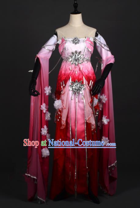 Chinese Ancient Cosplay Han Dynasty Young Lady Costumes, Chinese Traditional Embroidery Wine Red Hanfu Dress Clothing Chinese Swordswoman Fairy Costume for Women