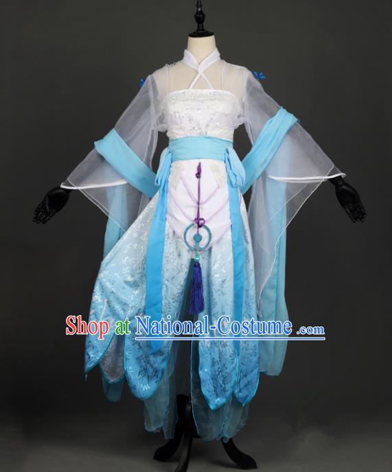 Chinese Ancient Cosplay Han Dynasty Young Lady Costumes, Chinese Traditional Embroidery Blue Hanfu Dress Clothing Chinese Swordswoman Fairy Costume for Women