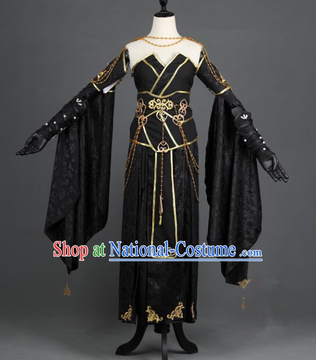 Chinese Ancient Cosplay Han Dynasty Young Lady Costumes, Chinese Traditional Embroidery Black Hanfu Dress Clothing Chinese Swordswoman Fairy Costume for Women