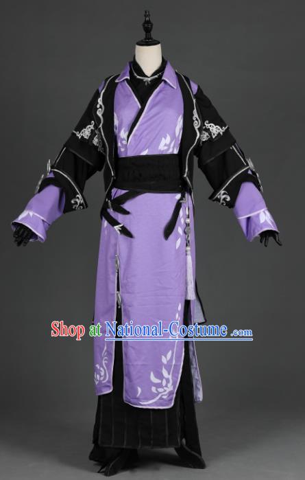 Chinese Ancient Cosplay Han Dynasty Prince Costumes, Chinese Traditional Embroidery Purple Hanfu Dress Clothing Chinese Swordsman Costume for Men