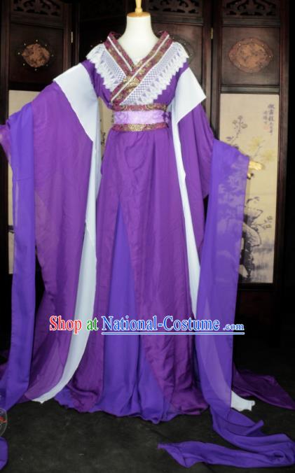 Chinese Ancient Cosplay Tang Dynasty Imperial Princess Fairy Costumes, Chinese Traditional Hanfu Purple Dress Clothing Chinese Palace Lady Dance Costume for Women