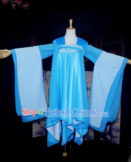 Chinese Ancient Cosplay Tang Dynasty Young Lady Blue Dress, Chinese Traditional Hanfu Clothing Chinese Fairy Costume for Women