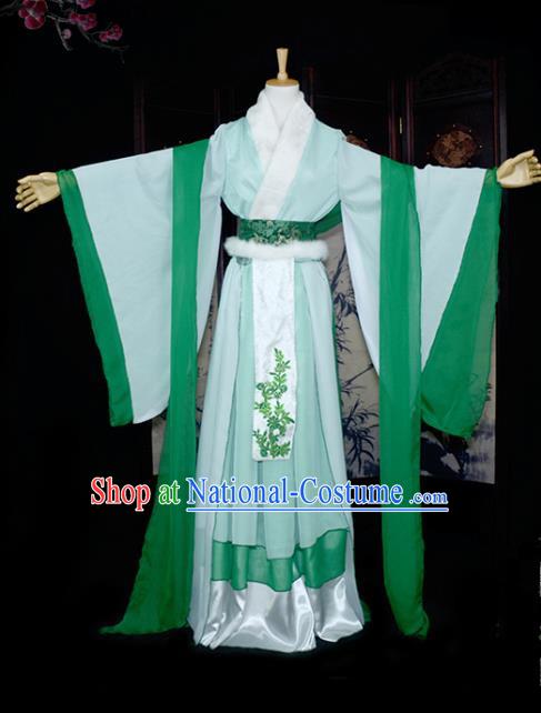 Chinese Ancient Cosplay Tang Dynasty Young Lady Embroidery Bamboo Green Dress, Chinese Traditional Hanfu Clothing Chinese Fairy Costume for Women