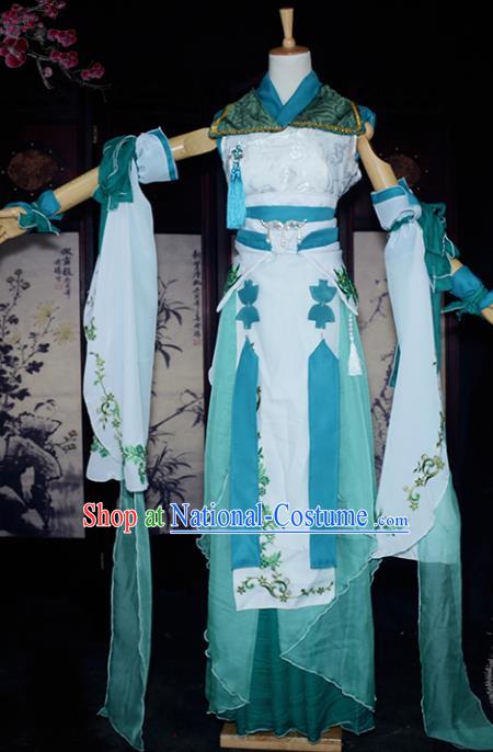 Chinese Ancient Cosplay Tang Dynasty Swordswoman Embroidery Green Dress, Chinese Traditional Hanfu Clothing Chinese Fairy Costume for Women