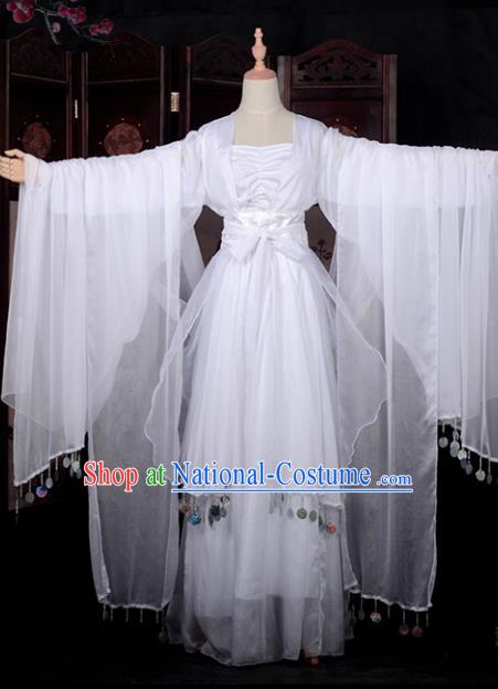 Chinese Ancient Cosplay Young Lady Princess Dance White Dress, Chinese Traditional Hanfu Clothing Chinese Fairy Flying Apsaras Costume for Women