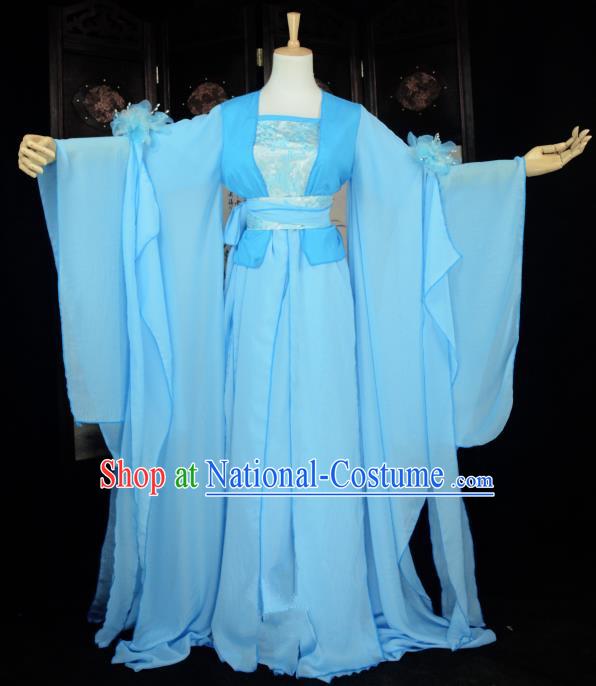 Chinese Ancient Cosplay Han Dynasty Princess Fairy Blue Dress, Chinese Traditional Hanfu Clothing Chinese Palace Lady Dance Costume for Women