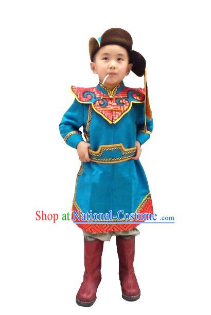 Traditional Chinese Mongol Nationality Dance Costume Handmade Blue Suede Fabric Mongolian Robe, China Mongolian Minority Nationality Clothing for Kids