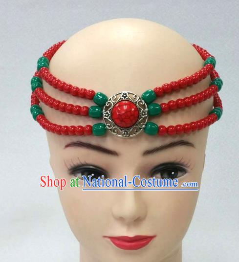 Traditional Handmade Chinese Mongol Nationality Handmade Red Beads Hair Accessories, China Mongols Mongolian Minority Nationality Wedding Headwear for Women