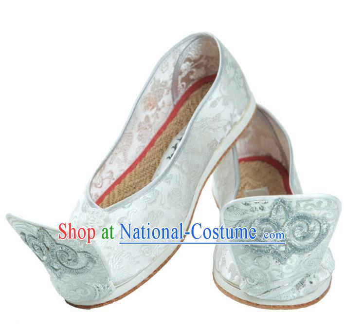 Traditional Chinese Ancient Cloth Shoes, China Princess Satin Shoes Handmade White Become Warped Head Shoe for Women