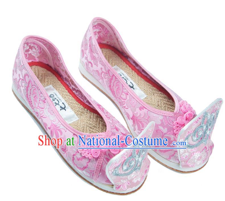 Traditional Chinese Ancient Cloth Shoes, China Princess Satin Shoes Handmade Pink Become Warped Head Shoe for Women