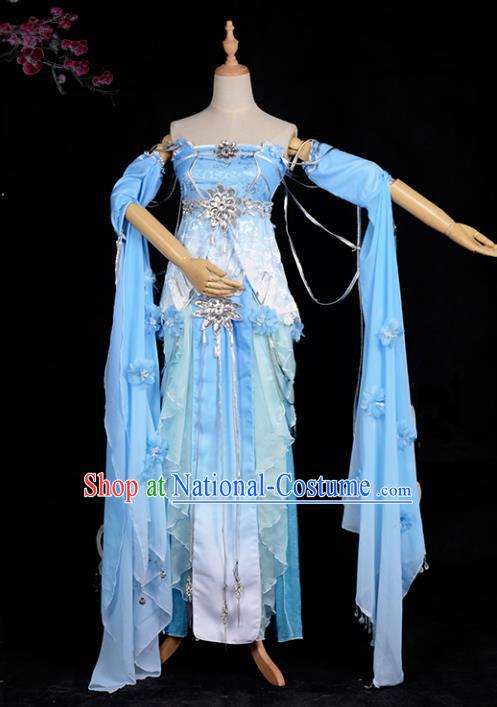 Chinese Ancient Cosplay Tang Dynasty Chivalrous Lady Embroidery Blue Dress, Chinese Traditional Hanfu Clothing Chinese Fairy Costume for Women