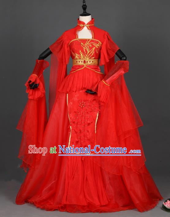 Chinese Ancient Cosplay Tang Dynasty Bride Wedding Red Dress, Chinese Traditional Hanfu Clothing Chinese Princess Fairy Costume for Women