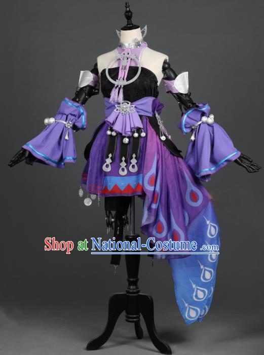 Chinese Ancient Cosplay Tang Dynasty Chivalrous Girls Embroidery Purple Dress, Chinese Traditional Hanfu Clothing Chinese Princess Fairy Costume for Women