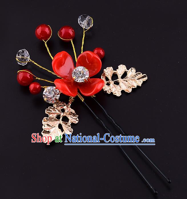 Traditional Handmade Chinese Ancient Classical Wedding Hair Accessories Bride Red Flowers Hair Stick, China Princess Hairpins Headwear for Women