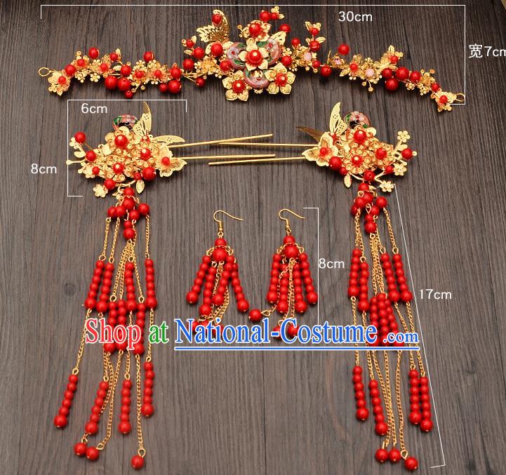 Traditional Handmade Chinese Ancient Classical Hair Accessories Xiuhe Suit Red Beads Hairpin, Step Shake Hair Sticks Hair Jewellery, Hair Fascinators Hairpins for Women