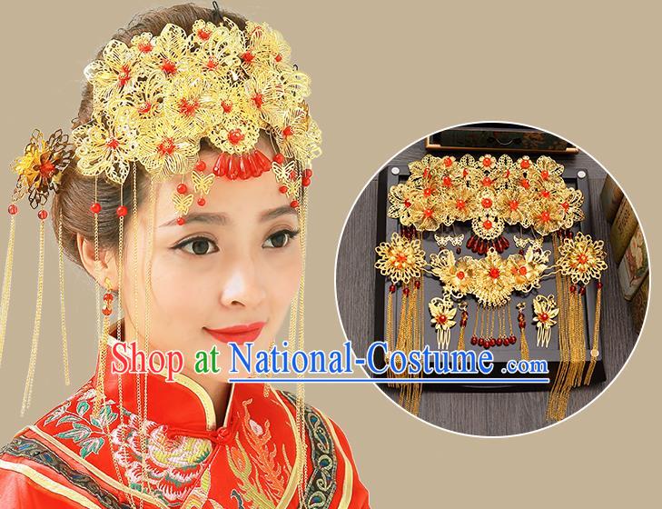 Traditional Handmade Chinese Ancient Classical Hair Accessories Xiuhe Suit Red Beads Golden Hairpin Complete Set, Tassel Step Shake Hair Sticks Hair Jewellery Hair Fascinators for Women