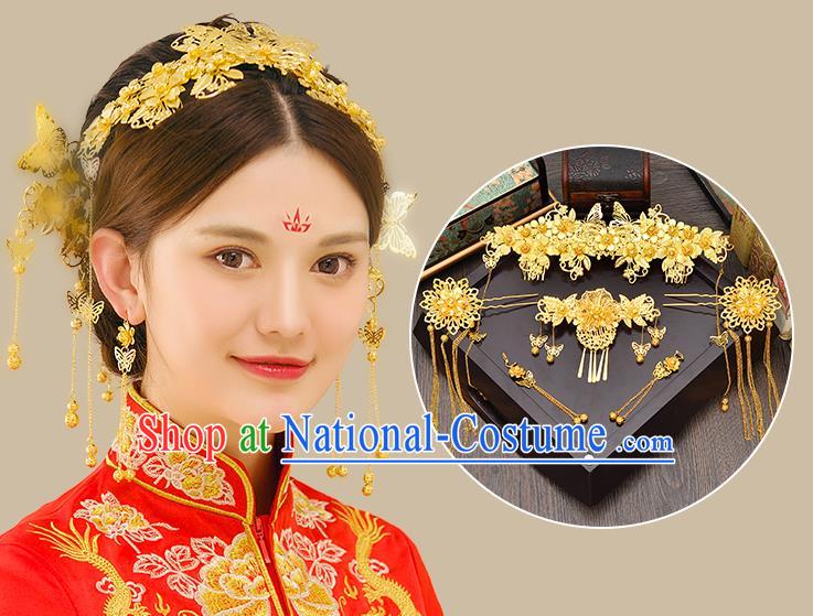 Traditional Handmade Chinese Ancient Classical Hair Accessories Xiuhe Suit Golden Hairpin Complete Set, Tassel Step Shake Hair Sticks Hair Jewellery Hair Fascinators for Women