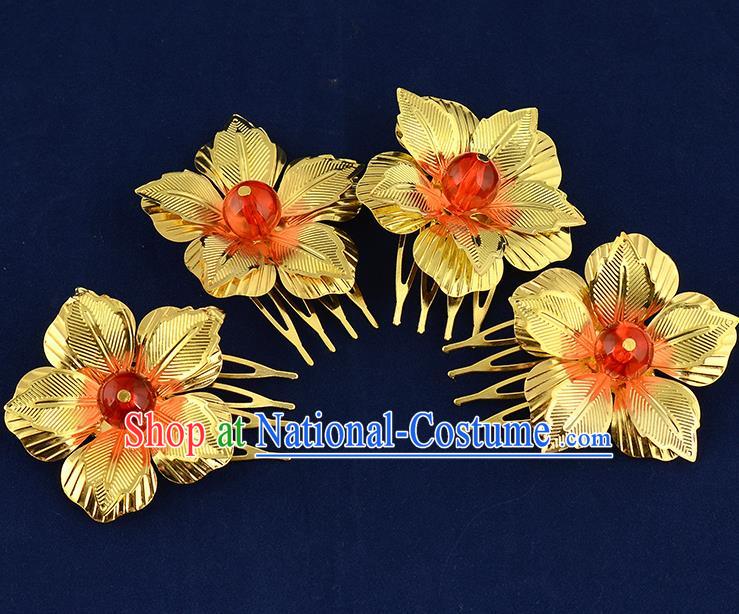 Traditional Handmade Chinese Ancient Classical Hair Accessories Xiuhe Suit Golden Flower Hairpin Hair Comb, Hair Sticks Hair Jewellery Hair Fascinators for Women