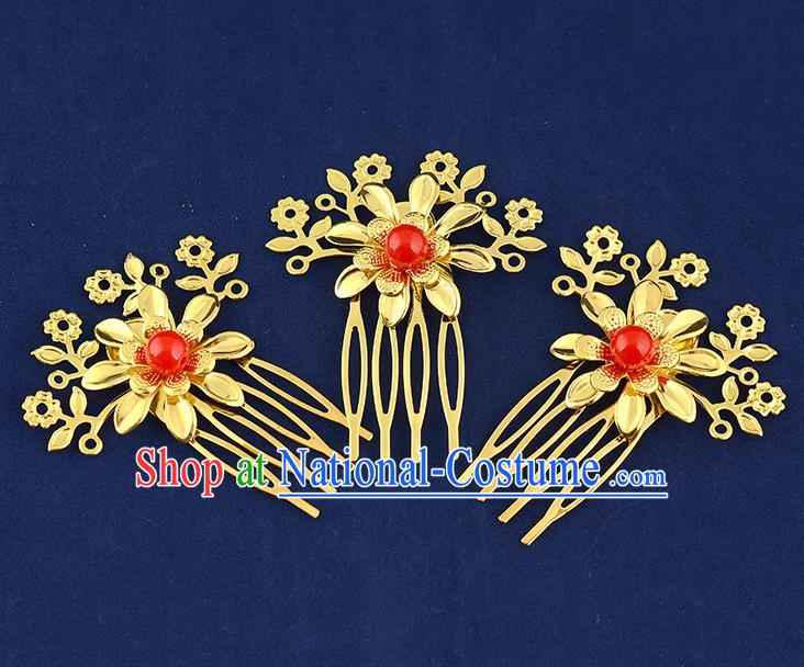 Traditional Handmade Chinese Ancient Classical Hair Accessories Xiuhe Suit Red Bead Golden Flower Hairpin Hair Comb, Hair Sticks Hair Jewellery Hair Fascinators for Women