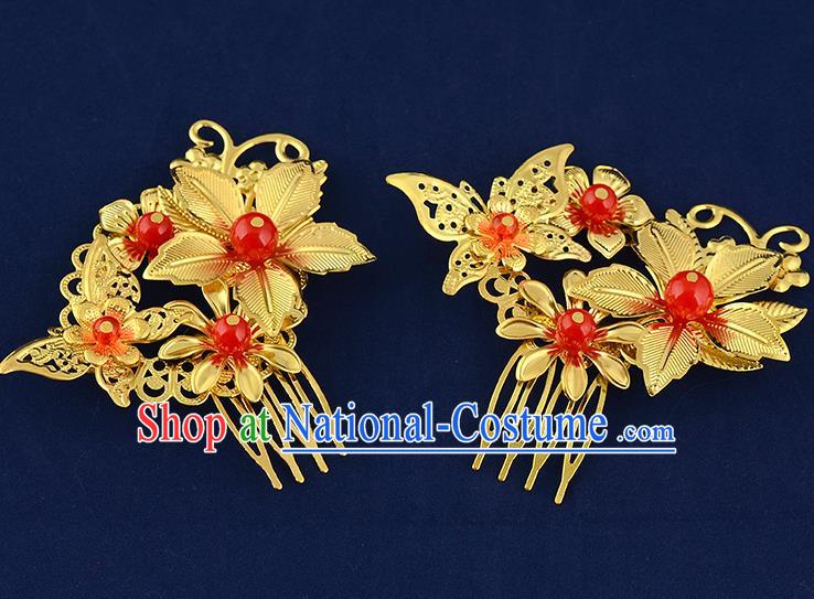 Traditional Handmade Chinese Ancient Classical Hair Accessories Xiuhe Suit Golden Butterfly Flower Hairpin Hair Comb, Hair Sticks Hair Jewellery Hair Fascinators for Women