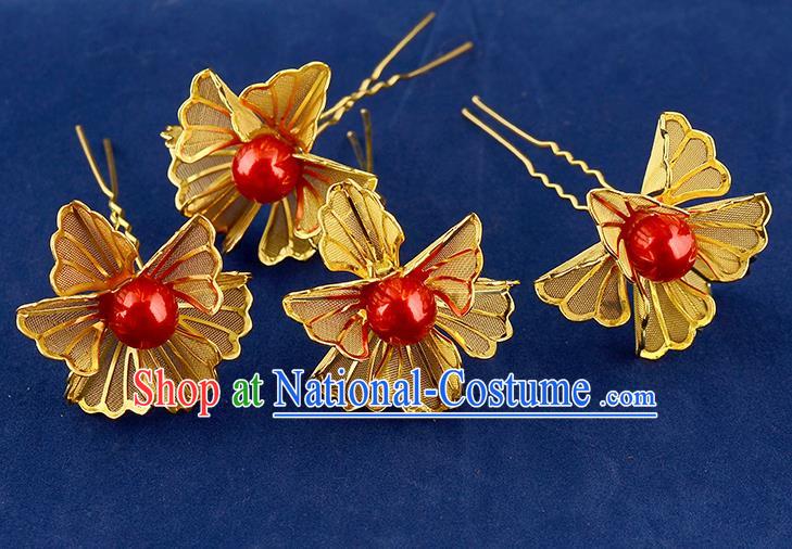 Traditional Handmade Chinese Ancient Classical Hair Accessories Xiuhe Suit Golden Flower Hairpin Hair Comb, Hair Sticks Hair Jewellery Hair Fascinators for Women