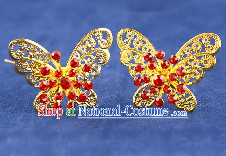 Traditional Handmade Chinese Ancient Classical Hair Accessories Xiuhe Suit Red Crystal Butterfly Hairpin Hair Comb, Hair Sticks Hair Jewellery Hair Fascinators for Women