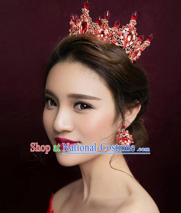 Top Grade Handmade Chinese Classical Hair Accessories Baroque Style Red Crystal Queen Royal Crown and Earrings, Hair Sticks Hair Jewellery Hair Clasp for Women