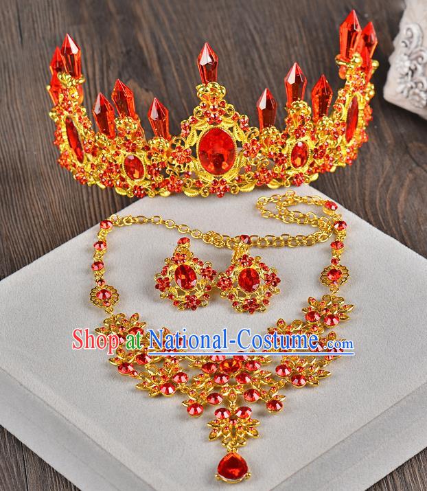 Top Grade Handmade Chinese Classical Hair Accessories Baroque Style Red Crystal Queen Royal Crown and Necklace Earrings, Hair Sticks Hair Jewellery Hair Clasp for Women