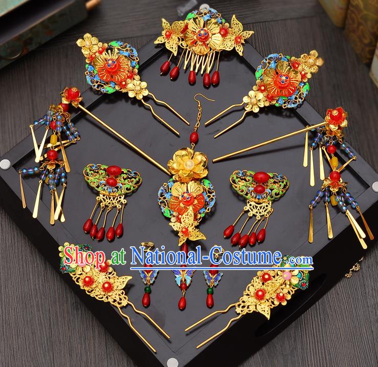 Traditional Handmade Chinese Ancient Classical Hair Accessories Xiuhe Suit Hairpin Cloisonn Phoenix Coronet Complete Set, Hair Sticks Hair Jewellery Hair Fascinators for Women