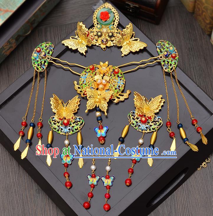 Traditional Handmade Chinese Ancient Classical Hair Accessories Xiuhe Suit Butterfly Hairpin Cloisonn Phoenix Coronet Complete Set, Hair Sticks Hair Jewellery Hair Fascinators for Women