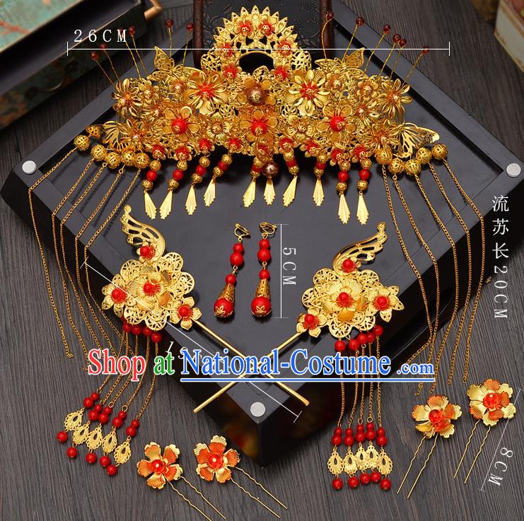 Traditional Handmade Chinese Ancient Classical Hair Accessories Xiuhe Suit Golden Tassel Hairpin Phoenix Coronet Complete Set, Hair Sticks Hair Jewellery Hair Fascinators for Women