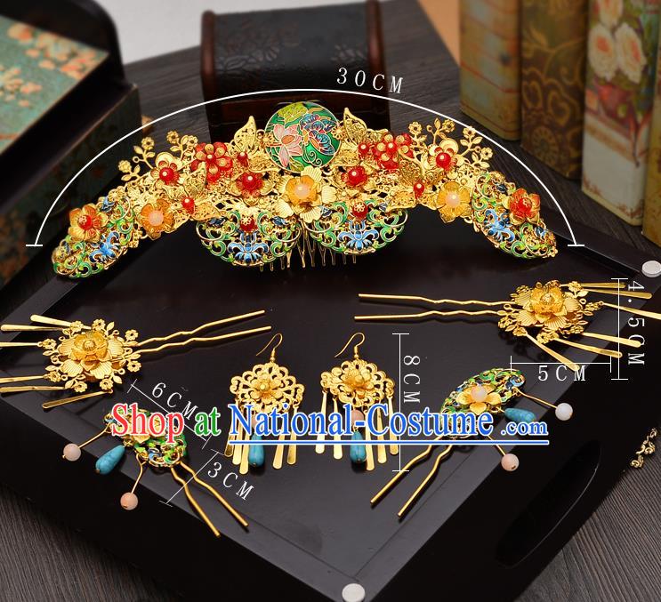 Traditional Handmade Chinese Ancient Classical Hair Accessories Xiuhe Suit Hairpin Cloisonn Lotus Phoenix Coronet Complete Set, Hair Sticks Hair Jewellery Hair Fascinators for Women