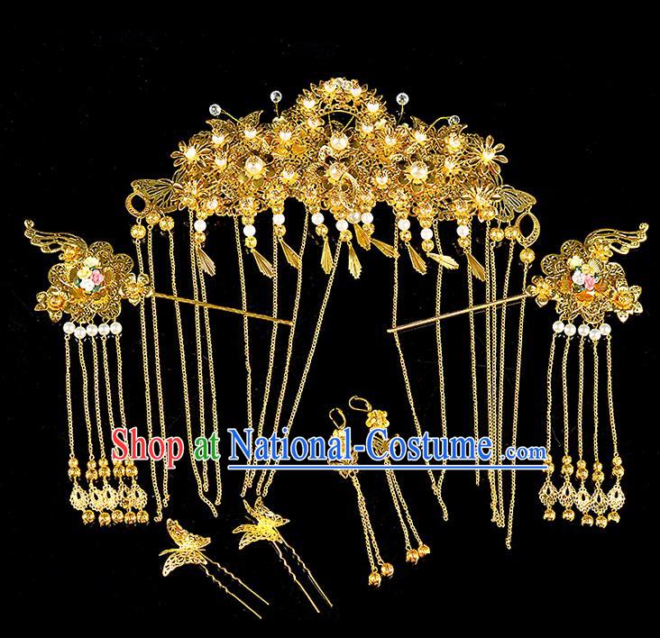 Traditional Handmade Chinese Ancient Classical Hair Accessories Xiuhe Suit Golden Butterfly Pearl Tassel Hairpin Phoenix Coronet Complete Set, Hair Sticks Hair Jewellery Hair Fascinators for Women