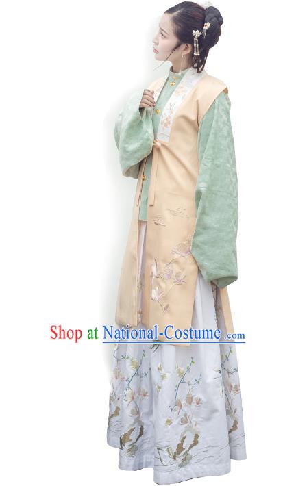 Traditional Ancient Chinese Ming Dynasty Noblewoman Costume Embroidery Apricot Long Vest, Chinese Palace Lady Cardigan Dress Upper Outer Garment for Women