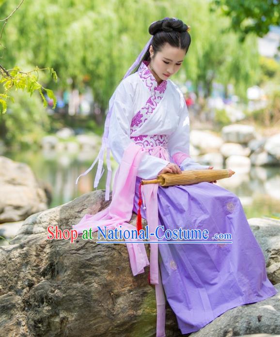 Traditional Chinese Han Dynasty Young Lady Costume, China Ancient Hanfu Dress Princess Embroidery Clothing for Women