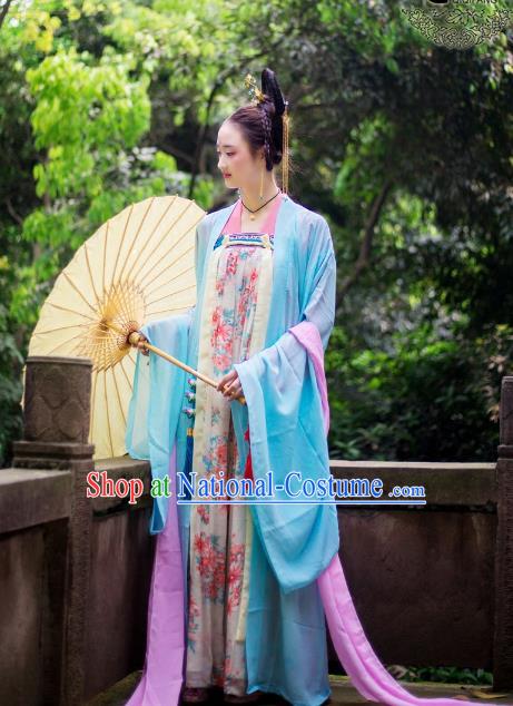 Traditional Chinese Tang Dynasty Imperial Consort Hanfu Costume, China Ancient Dress Palace Princess Peri Embroidery Clothing for Women