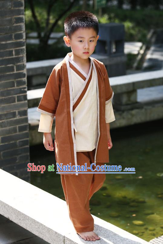 Traditional Chinese Han Dynasty Children Hanfu Martial Arts Costume, China Ancient Scholar Brown Clothing for Kids