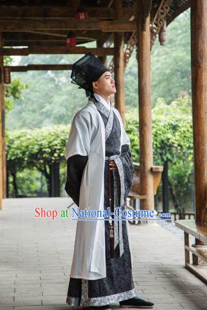 Traditional Chinese Han Dynasty Nobility Childe Hanfu Costume Half-Arm Shawl Long Robe, China Ancient Scholar Clothing Complete Set for Men