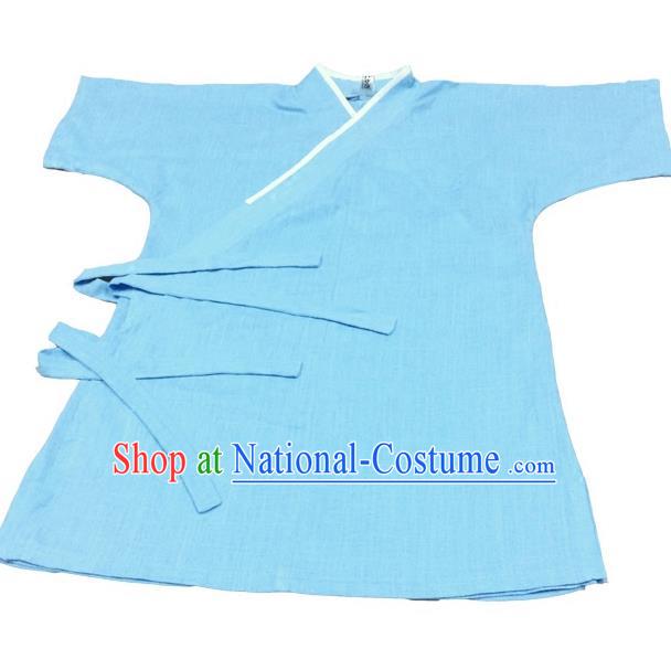 Traditional Chinese Han Dynasty Nobility Childe Hanfu Costume Slant Opening Blue Shirt, China Ancient Martial Arts Upper Garment Clothing for Men