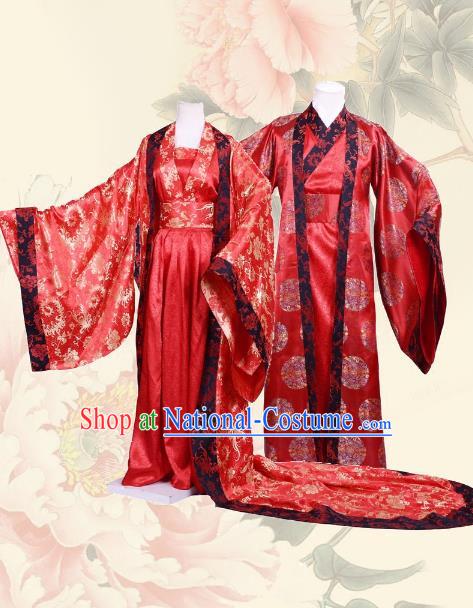 Traditional Chinese Han Dynasty Empress and Emperor Hanfu Costume Wedding Red Long Robe, China Ancient Bride Bridegroom Clothing Complete Set for Women for Men